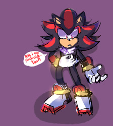 Size: 994x1111 | Tagged: safe, artist:r8diac, shadow the hedgehog, 2017, clenched teeth, dialogue, english text, hand on chest, looking at something, purple background, shadow the hedgehog (video game), simple background, sketch, solo, speech bubble, standing, text