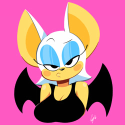 Size: 1024x1024 | Tagged: safe, artist:cubiccitrus, rouge the bat, 2017, blushing, bust, cleavage, lidded eyes, looking at viewer, no outlines, pink background, pout, signature, simple background, solo