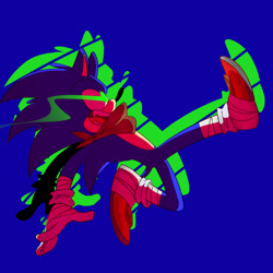 Size: 800x800 | Tagged: safe, artist:neonspindash, sonic the hedgehog, 2017, blue background, fangs, glowing eyes, looking offscreen, mid-air, mouth open, open smile, simple background, smile, solo, sonic boom (tv)