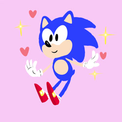 Size: 1280x1280 | Tagged: safe, artist:sanikthehedgehoe, sonic the hedgehog, 2017, arms out, cute, flat colors, heart, lineless, looking offscreen, no outlines, pink background, simple background, smile, solo, sonabetes, sparkles