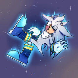 Size: 1200x1200 | Tagged: safe, artist:r8diac, silver the hedgehog, 2017, gradient background, looking at viewer, mouth open, one eye closed, psychokinesis, solo, sparkles, wink, winking at viewer