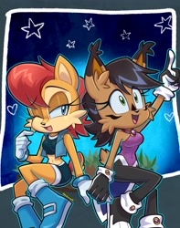 Size: 3234x4096 | Tagged: safe, artist:praquina, nicole the hololynx, sally acorn, duo, heart, holding hands, lesbian, nicole x sally, outline, shipping, sitting, star (symbol)