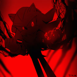 Size: 2048x2048 | Tagged: safe, artist:tamtam88, shadow the hedgehog, sonic x shadow generations, 2025, clenched fist, dark, doom shadow, glowing eyes, looking at viewer, monochrome, red background, simple background, solo, standing