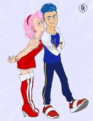 Size: 928x1200 | Tagged: safe, artist:evayart, amy rose, sonic the hedgehog, human, amy x sonic, blushing, humanized, shipping, straight, teenager