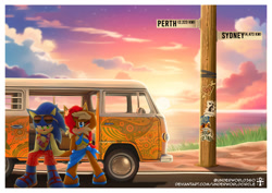 Size: 1170x827 | Tagged: safe, artist:underworldcircle, sally acorn, sonic the hedgehog, chipmunk, hedgehog, abstract background, car, clothes, duo, female, flower, flower chain, male, outdoors, sunglasses, van, vehicle, volkswagen