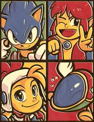 Size: 618x800 | Tagged: safe, artist:jmanvelez, sonic the hedgehog, hedgehog, human, 2011, alex kidd, billy hatcher, billy hatcher and the giant egg, crossover, fantasy zone, looking at viewer, male, mouth open, opa-opa, open smile, quartet, smile, v sign, wink