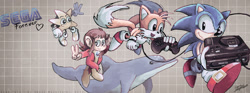 Size: 1459x540 | Tagged: safe, artist:missneens, miles "tails" prower, sonic the hedgehog, dolphin, human, 2014, abstract background, alex kidd, controller, crossover, ecco the dolphin, flying, group, holding something, master system, ristar, sega logo, signature, smile, spinning tails, standing, text, v sign, wire