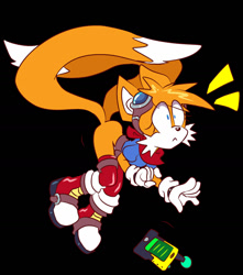 Size: 1280x1447 | Tagged: safe, artist:blehmaster7, miles "tails" prower, 2025, bandana, belt, black background, boots, clothes, eye clipping through hair, eyewear on head, flying, frown, gender swap, gloves, goggles, goggles on head, looking offscreen, mid-air, remote controller, shirt, shrunken pupils, simple background, solo, stockings