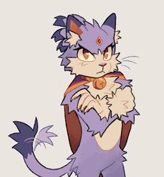 Size: 1220x1313 | Tagged: safe, artist:frulleboi, blaze the cat, 2025, alternate universe, arms folded, bell, cape, cheek fluff, chest fluff, claws, ear fluff, flat colors, frown, leg fluff, looking at viewer, pink nose, redesign, simple background, solo, standing, tail fluff, wagging tail, whiskers, white background