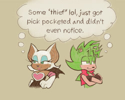 Size: 1878x1495 | Tagged: safe, artist:thesoundofspeed, rouge the bat, 2025, arms folded, beige background, clothes, duo, english text, flat colors, hand on hip, heart nose, lidded eyes, looking offscreen, manic the hedgehog, simple background, smile, text, unaware
