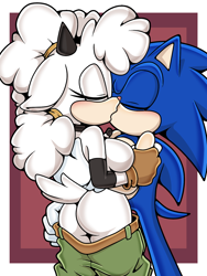 Size: 1080x1440 | Tagged: suggestive, artist:sonicguru, lanolin the sheep, sonic the hedgehog, abstract background, breasts, butt, duo, holding each other, kiss, lanolin x sonic, pants, pants down, shipping, straight, uekawa style, undressing