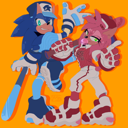 Size: 4500x4500 | Tagged: safe, artist:pastelmangos, amy rose, sonic the hedgehog, hedgehog, 2025, baseball bat, baseball cap, baseball uniform, bubble, bubblegum, cap, clothes, duo, eyestrain, female, fur markings, hat, looking at viewer, male, pointing, smile, smiling at viewer, standing