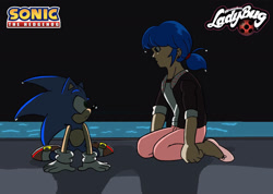 Size: 1582x1124 | Tagged: safe, artist:kizago17, hedgehog, human, abstract background, crossover, duo, frown, kneeling, looking at each other, marinette dupain-cheng (miraculous), miraculous: tales of ladybug & cat noir, mouth open, water, wet