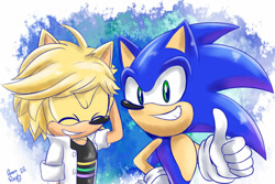 Size: 1024x683 | Tagged: safe, artist:amoretoylover, sonic the hedgehog, cat, hedgehog, 2017, abstract background, adrien agreste (miraculous), crossover, duo, eyes closed, hand on hip, miraculous: tales of ladybug & cat noir, mobianified, signature, smile, smiling at viewer, standing, thumbs up