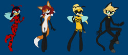 Size: 1024x442 | Tagged: safe, artist:burningstarlight17, bee, cat, fox, 2017, adrien agreste (miraculous), alya césaire (miraculous), barely sonic related, blue background, cat noir (miraculous), chloé bourgeois (miraculous), group, ladybug, ladybug (miraculous), lidded eyes, marinette dupain-cheng (miraculous), miraculous: tales of ladybug & cat noir, mobianified, ms paint, queen bee (miraculous), rena rouge (miraculous), simple background, smile, standing