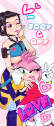 Size: 720x1660 | Tagged: safe, artist:pagonmoon, amy rose, human, 2025, abstract background, blushing, character name, crossover, duo, english text, heart, holding each other, k-pop demon hunters, looking at viewer, smile, standing, text, tongue out, v sign, wink, zoey (k-pop demon hunters)