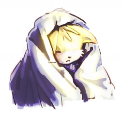 Size: 1280x1221 | Tagged: safe, artist:khannanka, miles "tails" prower, 2025, :<, blanket, cute, eyes closed, floppy ears, signature, simple background, solo, tailabetes, white background