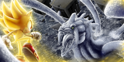 Size: 6000x3000 | Tagged: safe, artist:kelskora, chaos, perfect chaos, sonic the hedgehog, super sonic, sonic adventure, 2016, abstract background, absurd res, building, clenched fist, duo, flying, frown, glowing, lineless, looking at each other, mid-air, mouth open, outdoors, super form, water
