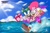 Size: 2048x1365 | Tagged: safe, artist:evayart, amy rose, sonic the hedgehog, abstract background, amy x sonic, beach, clouds, daytime, duo, outdoors, running, running on water, shipping, straight, water