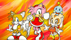 Size: 1192x670 | Tagged: safe, artist:soniclover82, amy rose, cheese (chao), cream the rabbit, miles "tails" prower, alternate version, group, wallpaper