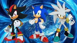 Size: 1192x670 | Tagged: safe, artist:soniclover82, shadow the hedgehog, silver the hedgehog, sonic the hedgehog, 3d, alternate version, trio, wallpaper