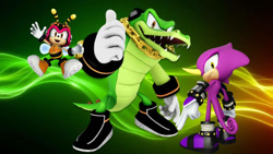 Size: 1192x670 | Tagged: safe, artist:soniclover82, charmy bee, espio the chameleon, vector the crocodile, 3d, alternate version, team chaotix, trio, wallpaper