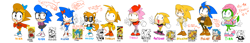Size: 9973x1700 | Tagged: safe, artist:thegreatrouge, amy rose, brenda the hedgehog, miles "tails" prower, nicky, paulie the hedgehog, sonic the hedgehog, tania the hedgehog, oc, oc:clear the hedgehog, 2015, anton veruca, aviator jacket, baseball cap, blue shoes, boots, bow, cap, character name, classic sonic, classic tails, clothes, crop top, eimi the hedgehog, english text, eyelashes, eyewear on head, flat colors, gender swap, gilet, glasses, gloves, goggles, goggles on head, group, hat, jacket, looking at viewer, mouth open, open smile, pants, reference inset, shirt, shoes, simple background, skirt, smile, sonic the hedgehog (shogakukan), standing, sunglasses, sweater, text, v sign, wall of tags, white background
