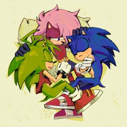 Size: 2048x2048 | Tagged: safe, artist:eury-d1ce, sonia the hedgehog, sonic the hedgehog, hedgehog, sonic underground, 2025, clothes, eyes closed, female, hand on another's head, lidded eyes, lying down, lying on side, male, manic the hedgehog, mouth open, pillow, siblings, signature, simple background, sleeping, smile, trio