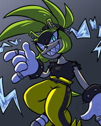 Size: 800x1000 | Tagged: safe, artist:cthulhuhu, surge the tenrec, 2025, clenched teeth, electricity, gradient background, looking at viewer, sharp teeth, signature, smile, smiling at viewer, solo