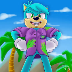 Size: 1920x1920 | Tagged: safe, artist:riotaiprower, dave the intern, 2022, abstract background, clouds, daytime, freckles, from below, hands on hips, looking at viewer, open smile, outdoors, palm tree, signature, smiling at viewer, solo, sonic boom (tv), standing
