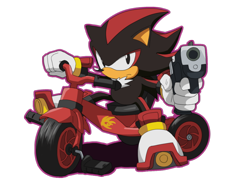 Size: 1000x744 | Tagged: safe, artist:ladygt, shadow the hedgehog, 2012, classic shadow, frown, gun, holding something, looking at viewer, outline, pointing at viewer, shadow's logo, simple background, sitting, solo, this won't end well, too cute to be taken seriously, transparent background, tricycle