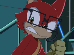 Size: 2048x1536 | Tagged: safe, artist:roomaru, editor:roomaru, gadget the wolf, 2017, abstract background, clenched fist, clenched teeth, edit, edited screencap, frown, looking offscreen, solo, sonic x, sonic x style, standing