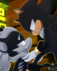 Size: 1536x1913 | Tagged: safe, artist:roomaru, infinite the jackal, shadow the hedgehog, sonic forces, 2018, abstract background, clenched teeth, duo, lidded eyes, looking at each other, redraw, scene interpretation, signature
