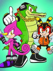 Size: 1024x1366 | Tagged: safe, artist:mel-sky, charmy bee, espio the chameleon, vector the crocodile, 2025, deviantart watermark, flying, frown, gradient background, looking at viewer, mid-air, obtrusive watermark, pointing, smile, smiling at viewer, standing, team chaotix, trio, watermark