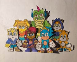 Size: 3456x2792 | Tagged: safe, artist:bruotaku, manik acorn, melody prower, skye prower, sonia acorn, 2024, argyle the crocodile, belle d'coolette, future freedom fighters, group, jacques d'coolette, mobius: 25 years later, smile, smiling at viewer, traditional media
