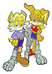 Size: 599x857 | Tagged: safe, artist:recolouradventures, 2021, belle d'coolette, duo, flat colors, hands on hips, jacques d'coolette, lidded eyes, looking at viewer, mobius: 25 years later, next generation, outline, parent:antoine, parent:bunnie, parents:buntoine, prosthetic, simple background, smile, smiling at viewer, standing, transparent background