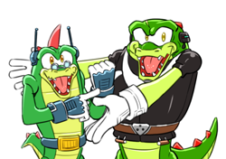 Size: 784x551 | Tagged: safe, artist:joeadok, vector the crocodile, crocodile, 2018, argyle the crocodile, duo, father and child, father and son, looking offscreen, mobius: 25 years later, mouth open, older, open smile, presenting, simple background, smile, standing, white background