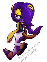 Size: 371x492 | Tagged: safe, artist:pumpkinhillpie, melody prower, mongoose, 2017, frown, lidded eyes, looking at viewer, looking back, looking back at viewer, mobius: 25 years later, redesign, signature, simple background, solo, white background