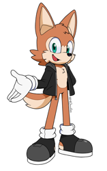 Size: 2010x3200 | Tagged: safe, artist:htdoodles, oc, dingo, 2025, black shoes, blue eyes, brown fur, cheek fluff, chest fluff, clothes, gloves, hand on hip, jacket, looking at viewer, mouth open, oc only, open jacket, open smile, peach fur, shoes, simple background, smile, socks, solo, standing, unnamed oc, white background