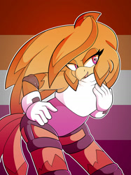 Size: 1280x1707 | Tagged: safe, artist:chaobucks, oc, oc:reef the seagull, bird, 2025, lesbian, lesbian pride, lidded eyes, looking offscreen, oc only, outline, posing, pride, pride flag, pride flag background, seagull, smile, solo, standing