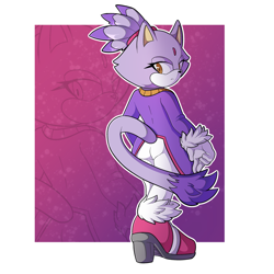 Size: 1280x1280 | Tagged: safe, artist:chaobucks, blaze the cat, cat, 2024, echo background, gradient background, lidded eyes, looking at viewer, looking back, looking back at viewer, outline, solo, standing