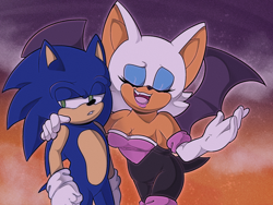 Size: 2160x1620 | Tagged: safe, artist:chaobucks, rouge the bat, sonic the hedgehog, bat, hedgehog, 2023, abstract background, arm around shoulders, cleavage, clenched teeth, clouds, duo, eyes closed, lidded eyes, looking at viewer, redraw, smile, standing