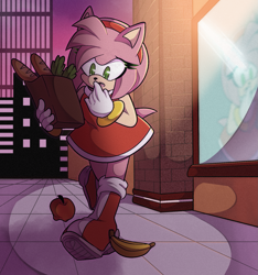 Size: 1779x1901 | Tagged: safe, artist:chaobucks, amy rose, hedgehog, sonic adventure, 2023, abstract background, apple, bag, baguette, banana, carrot, food, fruit, groceries, holding something, light, looking at something, mouth open, outdoors, redraw, shopping bag, solo, standing, station square, sunset