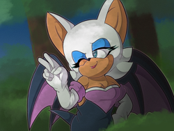 Size: 2160x1620 | Tagged: safe, artist:chaobucks, rouge the bat, bat, 2023, abstract background, bush, looking offscreen, outdoors, outline, redraw, smile, solo, standing, tree, wink