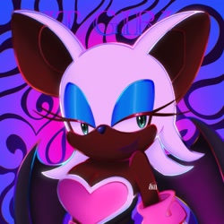 Size: 2335x2335 | Tagged: safe, artist:neonangelcake, rouge the bat, 2023, abstract background, dark skin, lidded eyes, looking at viewer, smile, smiling at viewer, solo