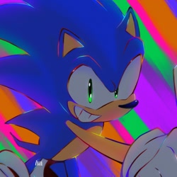 Size: 1773x1773 | Tagged: safe, artist:neonangelcake, sonic the hedgehog, hedgehog, 2023, abstract background, clenched teeth, smile, smiling at viewer, solo