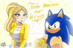 Size: 1280x854 | Tagged: safe, artist:lupitamota, sonic the hedgehog, hedgehog, human, 2021, chloé bourgeois (miraculous), crossover, deviantart watermark, dialogue, duo, flower, gradient background, holding something, miraculous: tales of ladybug & cat noir, missing accessory, obtrusive watermark, rose, signature, smile, spanish text, text, watermark