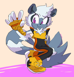 Size: 1500x1562 | Tagged: safe, artist:bubblysoaps, tangle the lemur, 2018, abstract background, crouching, female, looking at viewer, smile, smiling at viewer, solo, waving