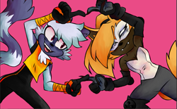 Size: 961x594 | Tagged: safe, artist:cakeb00, tangle the lemur, whisper the wolf, 2023, duo, eyes closed, looking at them, pink background, pointing, simple background, smile, standing