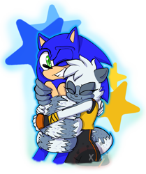 Size: 1333x1595 | Tagged: safe, artist:oliviatherabbit, sonic the hedgehog, tangle the lemur, hedgehog, lemur, 2021, duo, eyes closed, female, hugging, looking at viewer, male, not shipping, one eye closed, outline, simple background, smile, smiling at viewer, standing, star (symbol), tail hug, transparent background, wrapped in tail